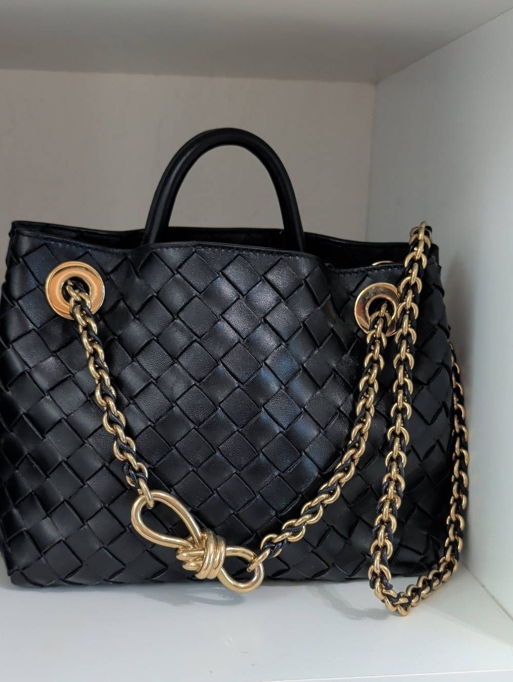 Bottega Veneta Black Intrecciato Leather Shoulder Bag with Gold Chain